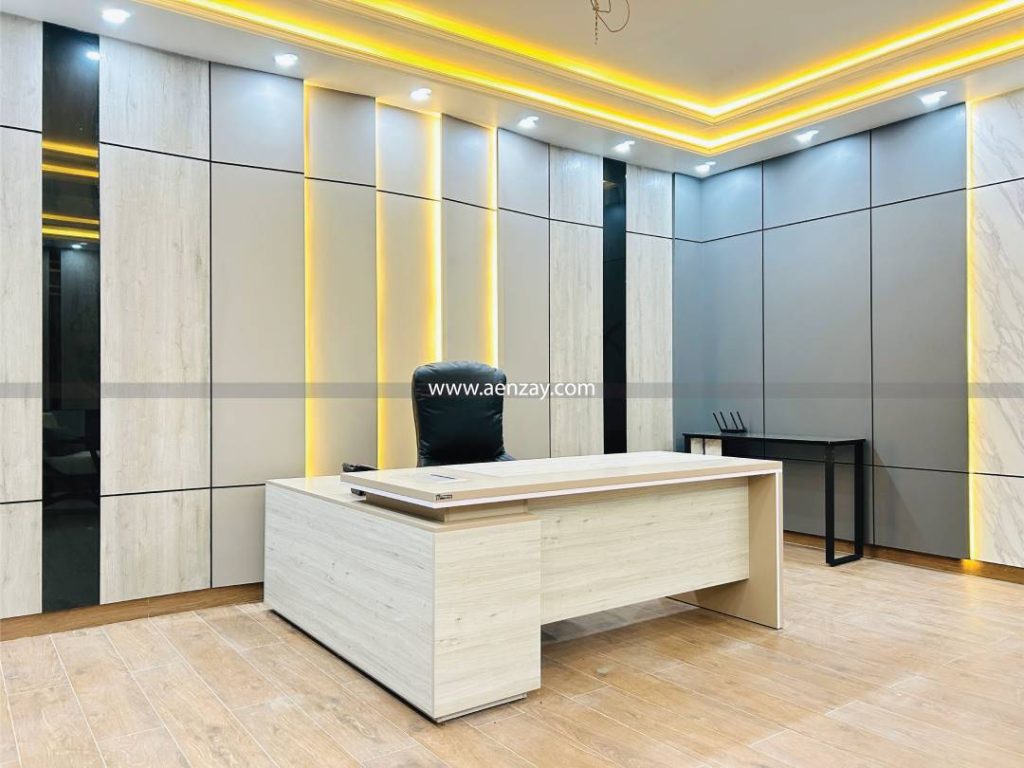Modern office workspace interior design with ergonomic chairs