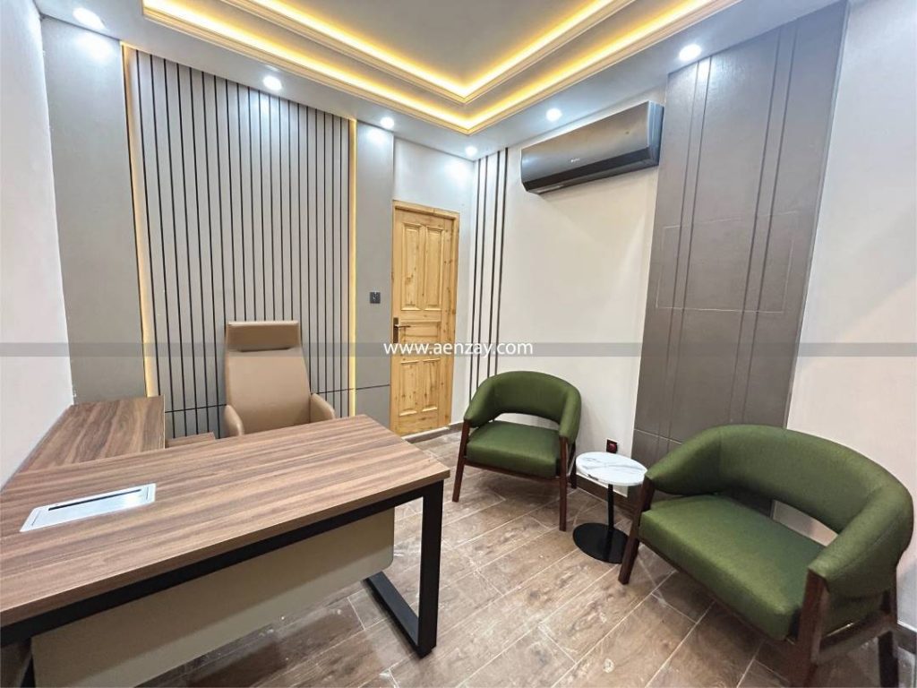 Executive office desk and chairs in modern corporate interior design