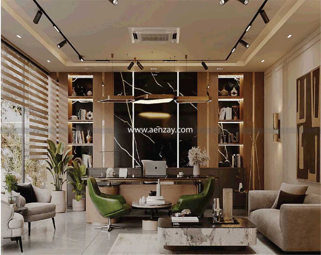 Modern CEO executive suite in Lahore with large desk, refined seating, black marble accents, and natural light