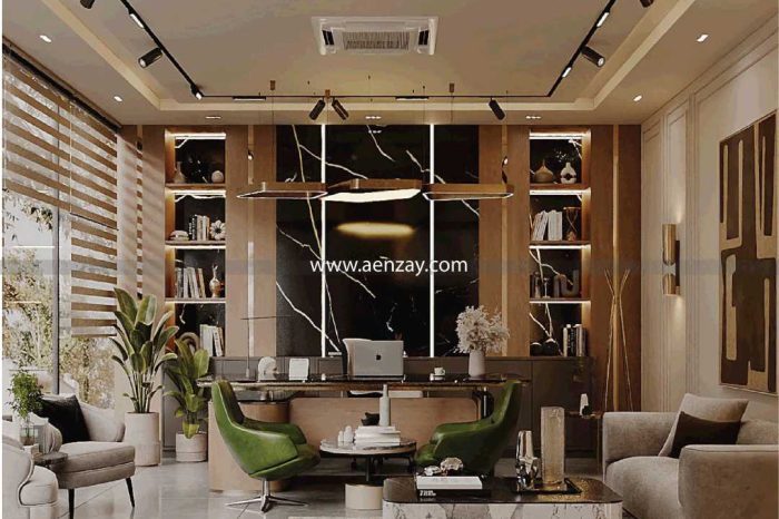 Modern CEO executive suite in Lahore with large desk, refined seating, black marble accents, and natural light